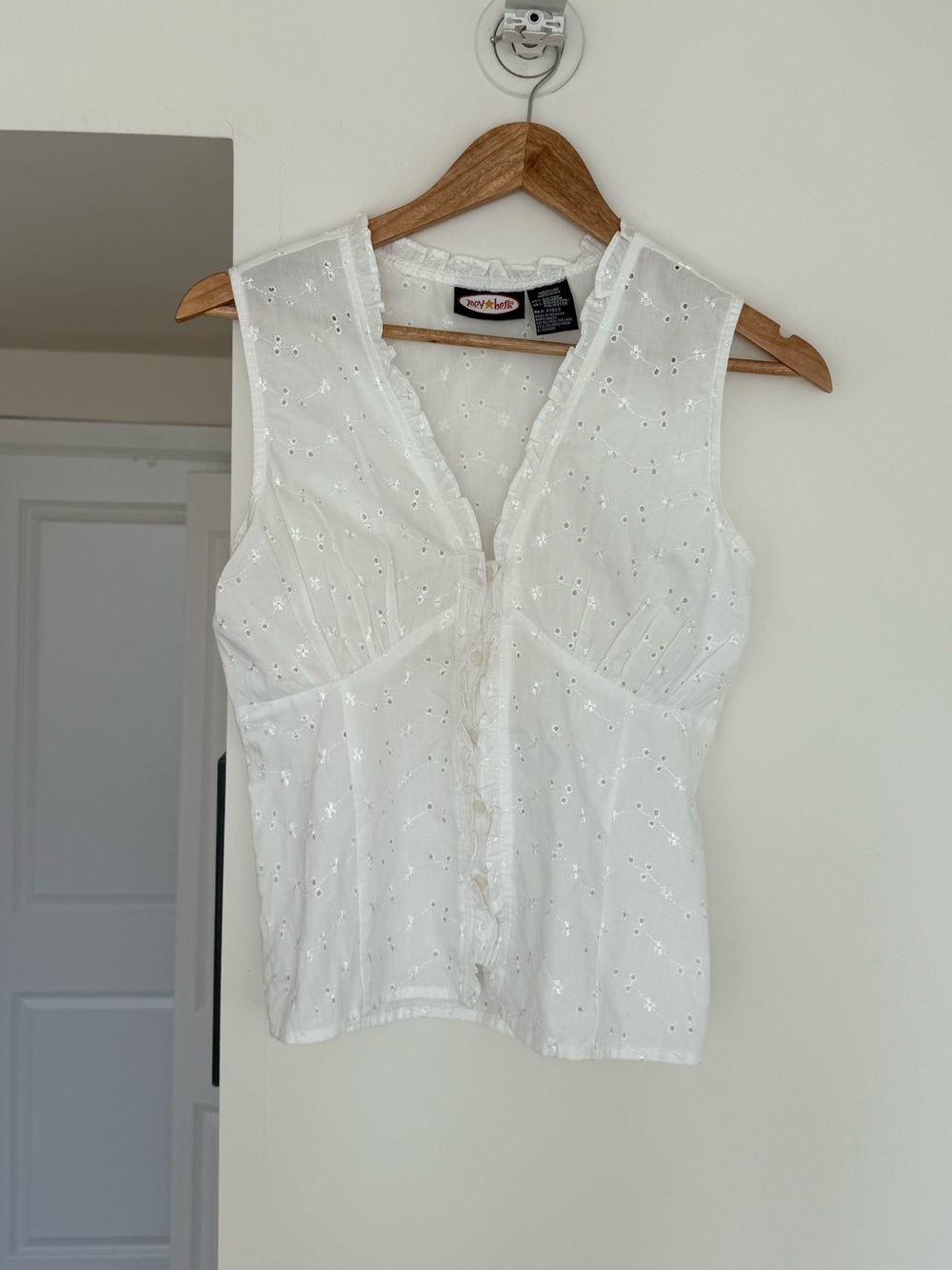 Vintage White Eyelet Ruffle Button Front Fitted Blouse M Fits S
